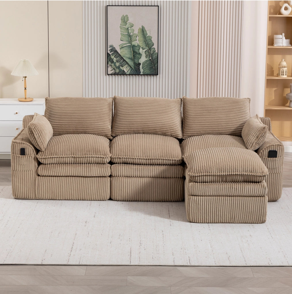 Divano modulare in velluto a coste khaki con pouf; tasche laterali e cuscini