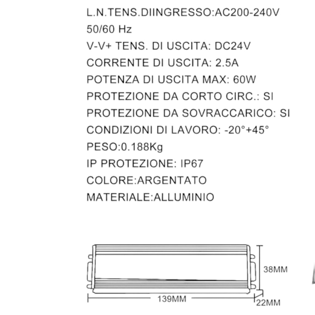 ALIMENTATORE TRASFORMATORE DA ESTERNO METALLICO STABILIZZATO SWITCHING IMPERMEABILE IP67 220V-24V 2.5A DA 60W