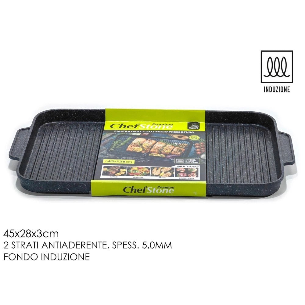 Trade Shop - Piastra Grill Con 2 Manici Fondo Induzione Rivestimento Antiaderente Effetto Pietra 45x28cm -