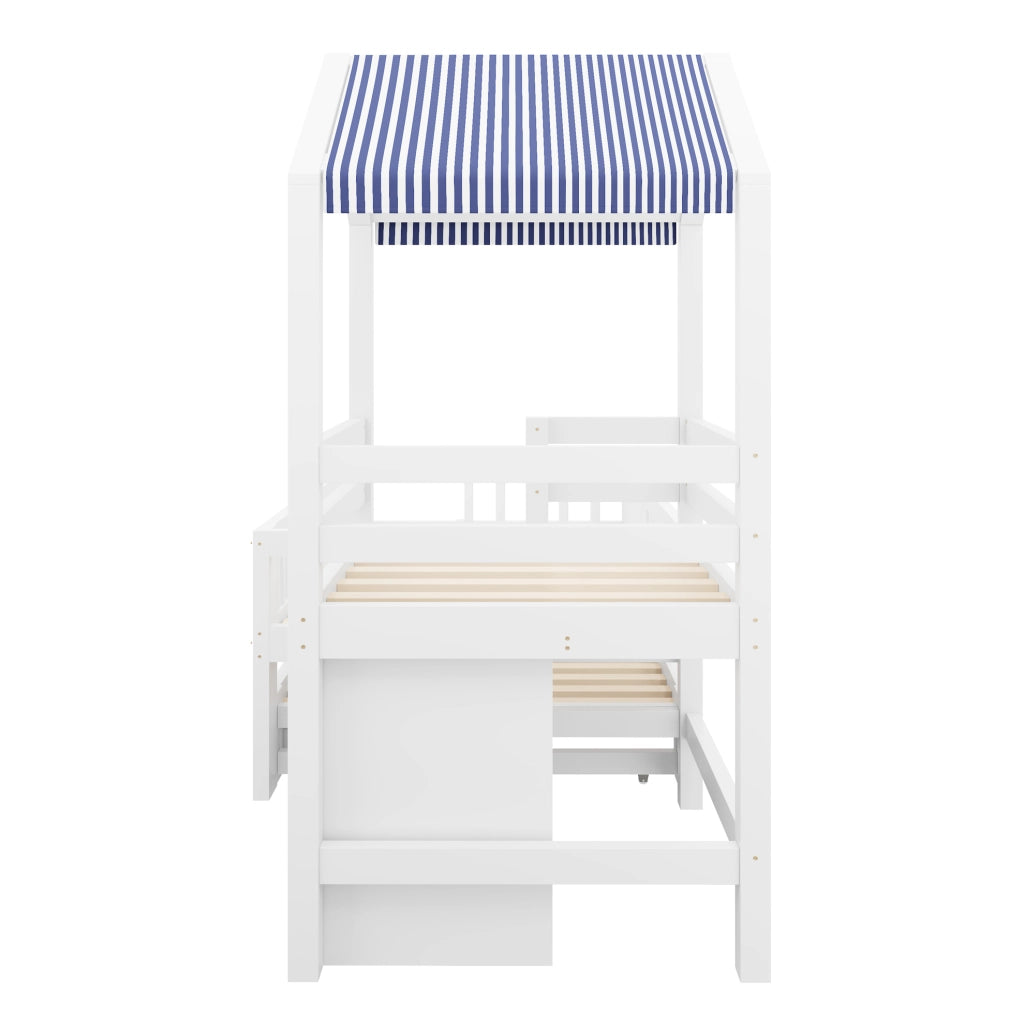 Letto per bambini a casetta 90x200 cm con letto estraibile; scala laterale e cassetti; bianco in legno massello