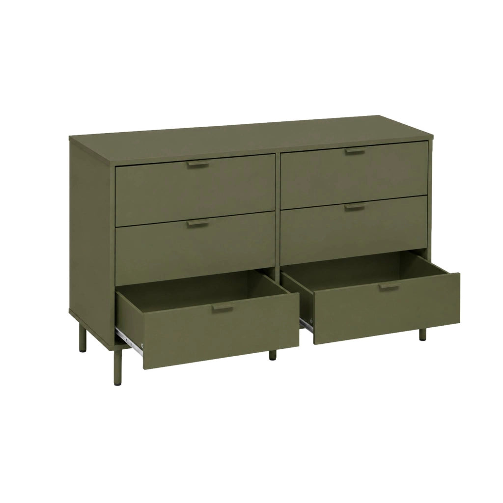 Cassettiera decorativa in legno e metallo, 6 cassetti, verde kaki