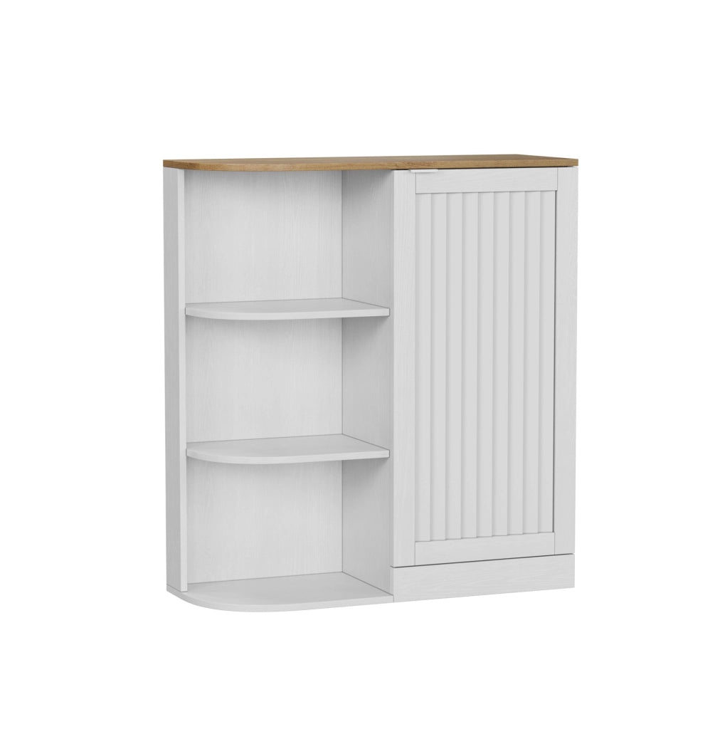 Mobile angolare salvaspazio con ripiani aperti e vani chiusi, bianco effetto rovere, in MDF