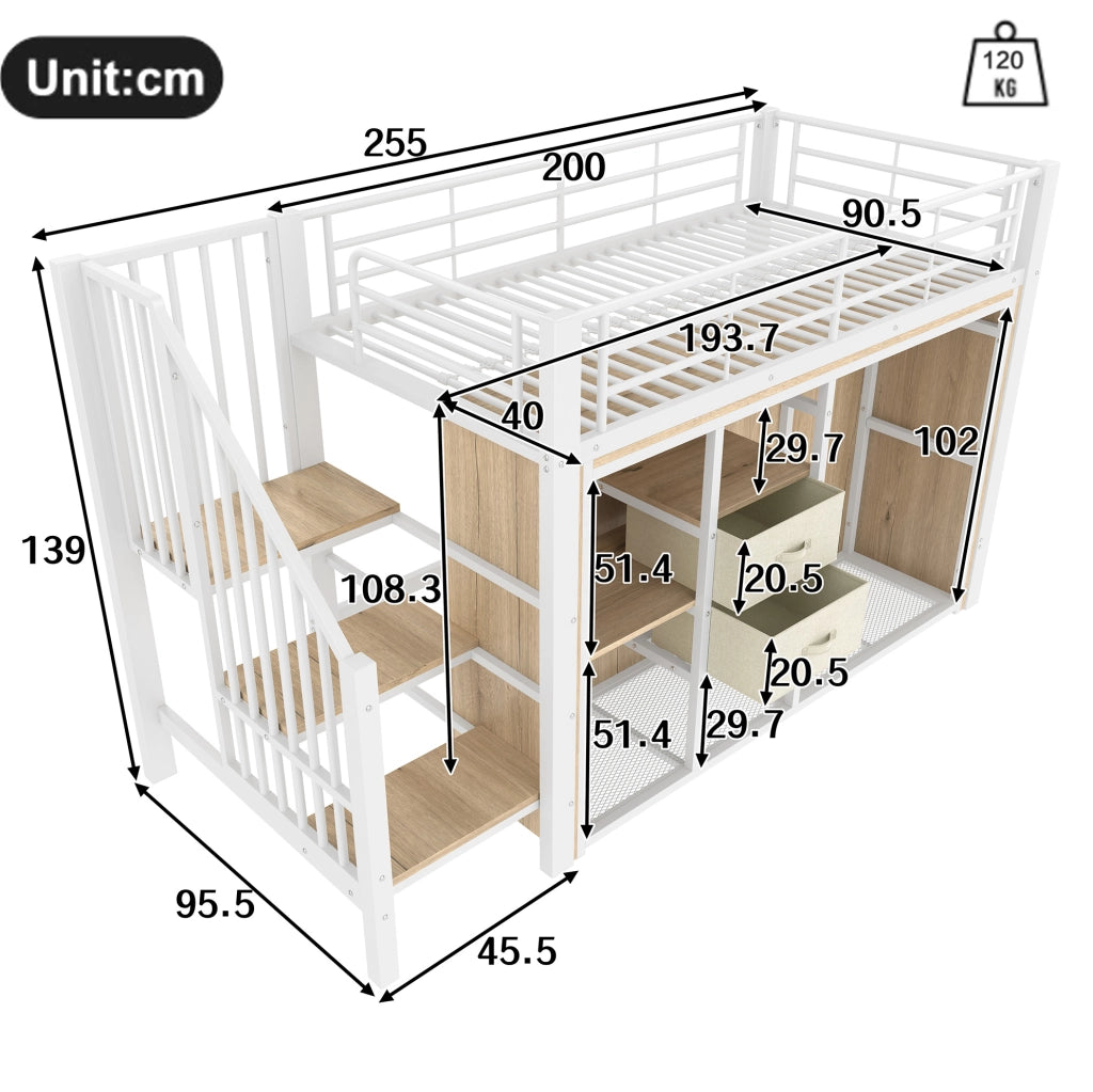 Letto a soppalco ULEVR 90x200 cm con 2 cassetti, appendiabiti aperto e LED multicolore, bianco