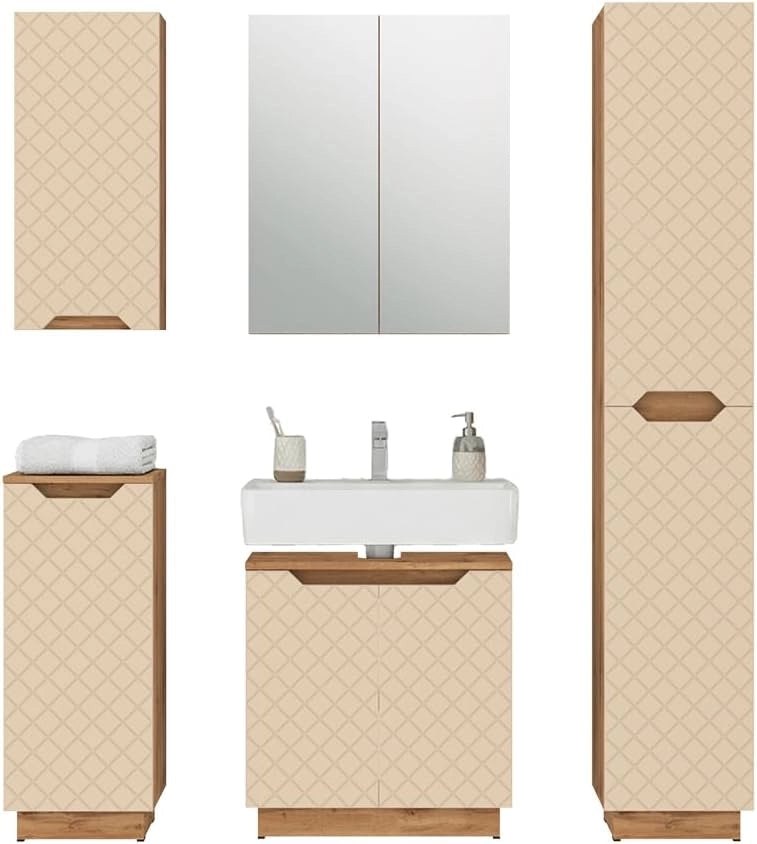 Set di mobili da bagno Lotta, Cachemire, 59.8 cm, composto da mobile sottolavabo, specchiera, colonna, base media e pensile