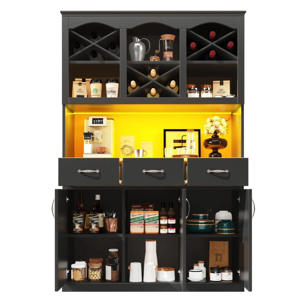 Credenza da cucina nera con LED, 3 ante e 3 cassetti