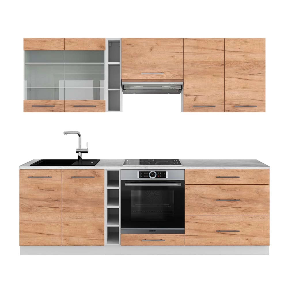 Cucina componibile Fame-Line Rovere dorato/Bianco 235 cm, PL Marmo Vicco