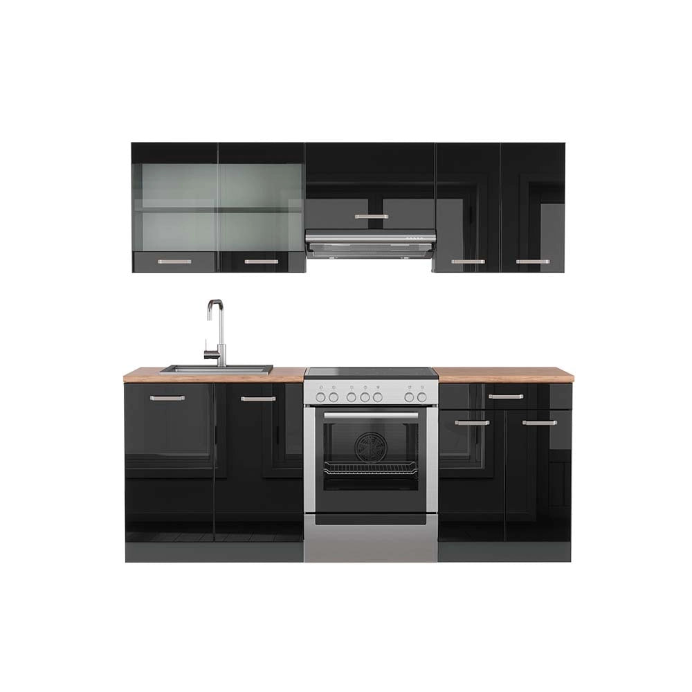 Vicco Cucina componibile Nero lucido/antracite 200 cm , PL Rovere