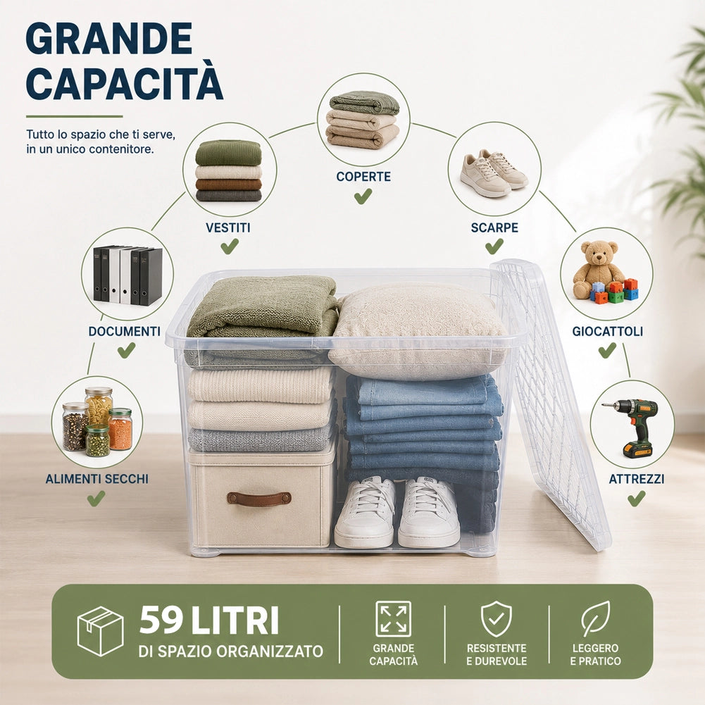 Set 4 Pezzi Contenitori con Coperchio 57x39x36 cm Storage Box Marea Capienza 59L in Plastica Trasparente