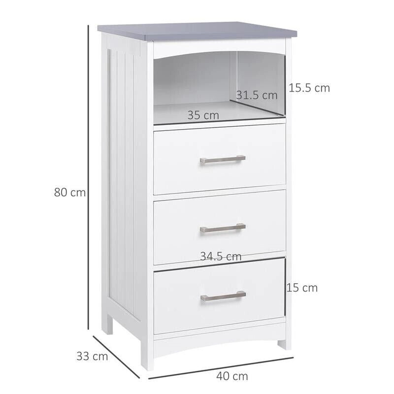 MOBILETTO BAGNO CON SCAFFALE APERTO E 3 CASSETTI IN MDF, 40X33X80CM, BIANCO