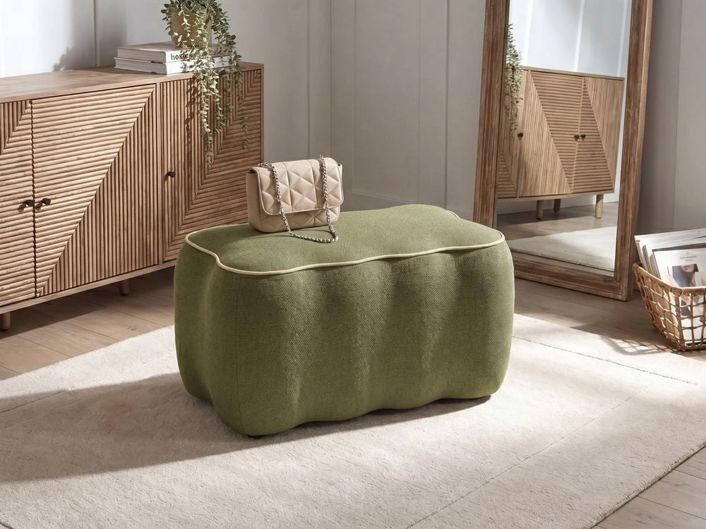 Panca rettangolare in tessuto verde 69 x 38, poggiapiedi, elemento decorativo per soggiorno e camera da letto