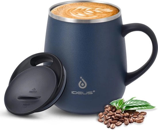 Caffè e tè in acciaio inossidabile 470 ml (16oz), tazza doppia parete con isolamento a vuoto, maniglia antiscivolo e coperchio a scomparsa con grande capacità (blu marino)