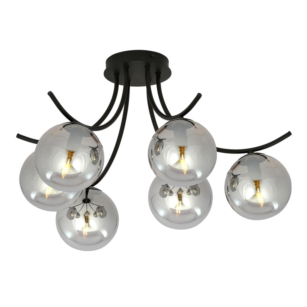 Plafoniera Moderna 6 Luci Coeo In Acciaio Nero E Diffusori In Vetro Fumè