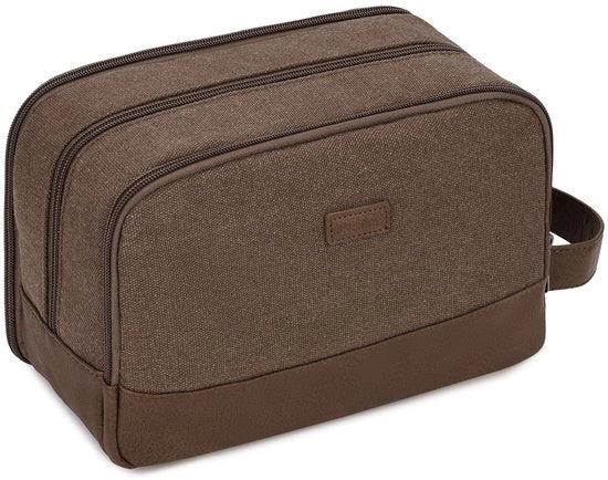 Toiletset per uomo, borsa in tela, zaino impermeabile in pelle vegana per articoli da toeletta e da bagno (marrone)