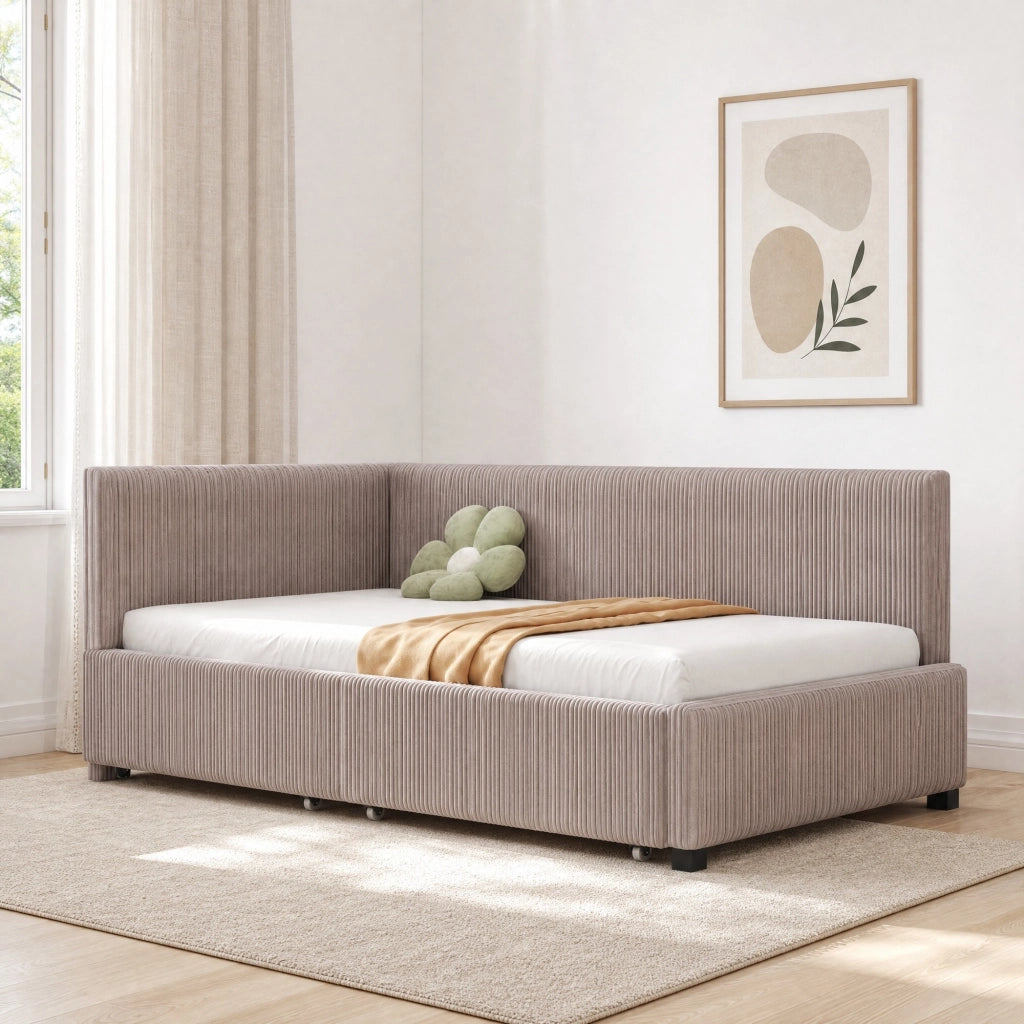 Divano letto a una piazza 90x200 cm in velluto grigio con 2 cassetti e rete a doghe