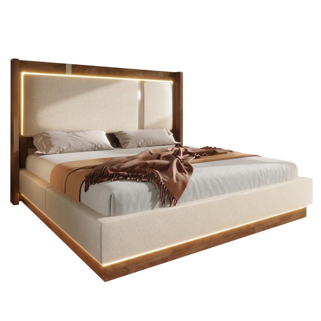 Letto matrimoniale 140x200 cm in stile retrò con LED, contenitore idraulico e rete a doghe, beige