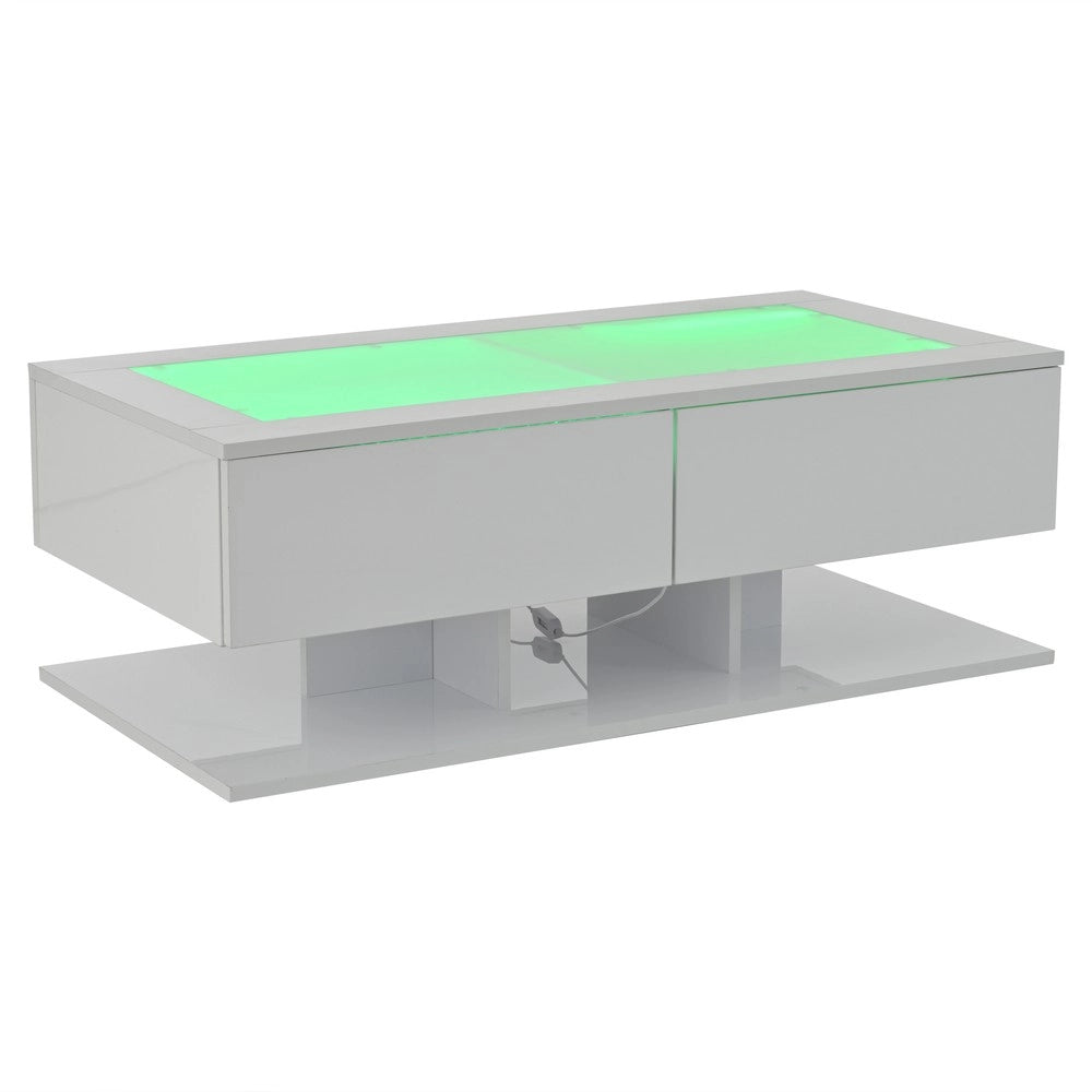 Tavolino da Caff¨¨ con LED e Cassetti ¨C MINIMAL ¨C Piano in Vetro, Bianco Lucido, 100x50x35