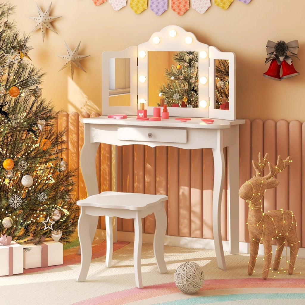 Set tavolo da trucco per bambini con sgabello, Set tavolo vanity principessa con specchio a tre pieghe in vetro Bianco-Toelette per bimbi