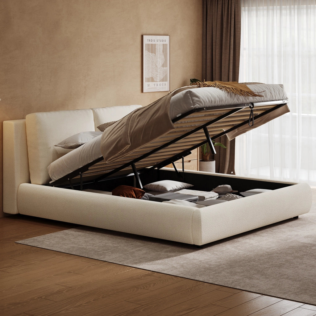 Letto matrimoniale 160 × 200 cm contenitore idraulico, testiera imbottita, senza materasso, bouclé beige