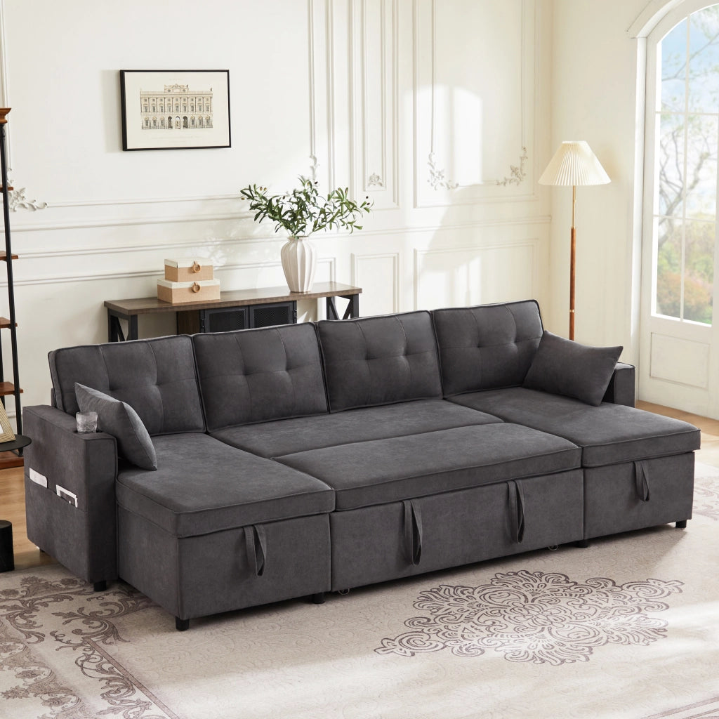 DIVANO LETTO U-form 270x130x86 cm Grigio in tessuto cotone e lino