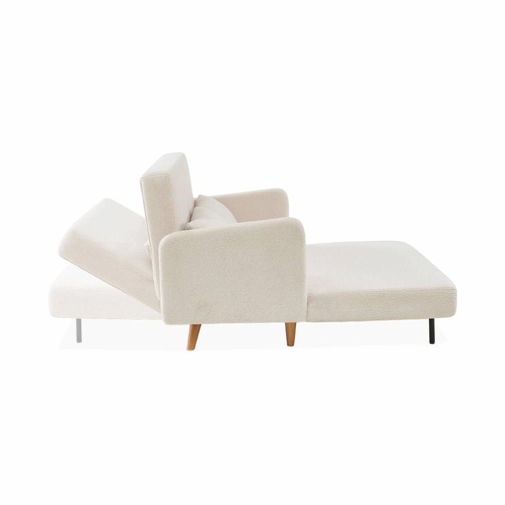 Divano letto in bouclé con gambe in legno, 2 posti, crema