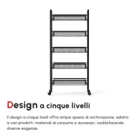 Carrello da Cucina Salvaspazio a 5 Livelli con Cestini a Rete in Acciaio, 45x26.5x106cm, Nero