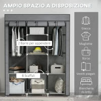 Guardaroba in Tessuto non Tessuto e Acciaio con 8 Ripiani e 2 Barre, 125x43x162.5 cm, Grigio Carbone