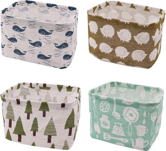 4 contenitori di stoffa per organizzare, piccola cassetta di stoffa pieghevole con 2 maniglie, contenitori per desktop e organizzatore di household, 20 x 16 x 14 cm (alberi, animali)