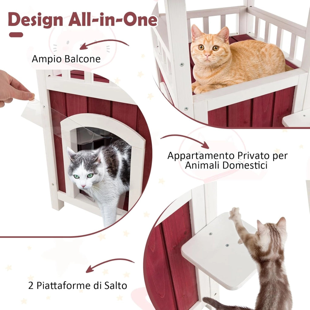 Cuccia per Gatti da Interno ed Esterno, Gasetta per Gatti in Legno a 2 Livelli con Tetto in Asfalto e 2 Piattaforme per Saltare, Casa per Gattini Impermeabile, 58 x 50 x 87 cm