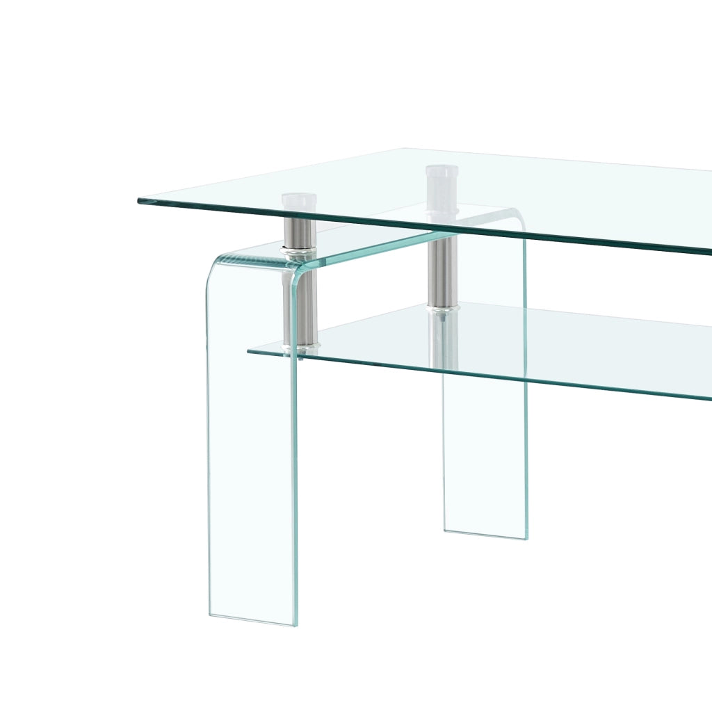 Tavolino basso con piano doppio in vetro temperato, struttura in metallo, per soggiorno, trasparente, 100 × 55 × 45 cm