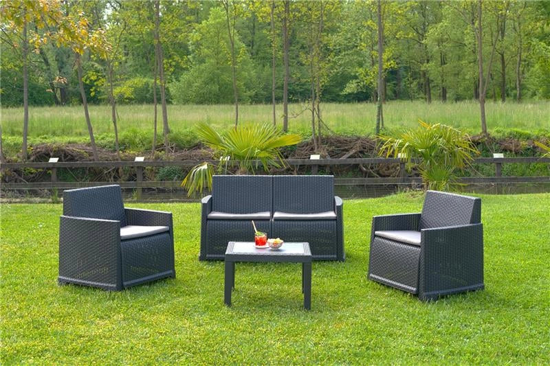 SET DA GIARDINO  ISEO CON EFFETTO RATTAN CON CUSCINI IN COLORE ANTRACITE