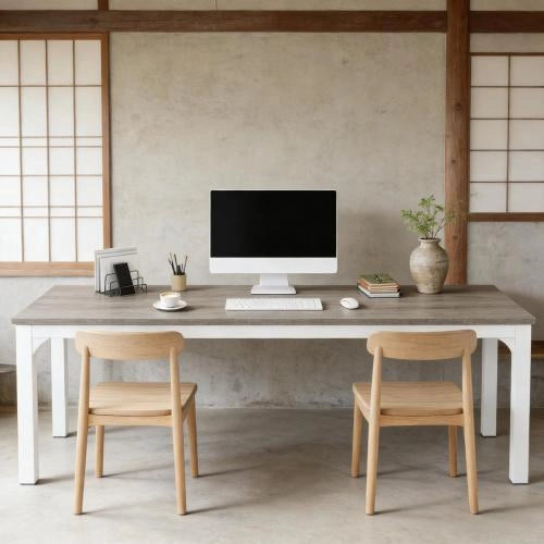 Scrivania lineare per 2 persone con ampia superficie, stile industriale, in legno e metallo, taupe e bianco, 200 × 70 × 75 cm