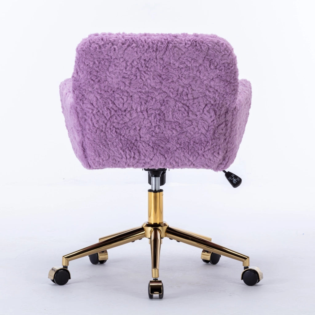 Sedia girevole e reclinabile con braccioli in pelliccia sintetica viola e base in metallo dorato 60 × 28,5 × 50 cm