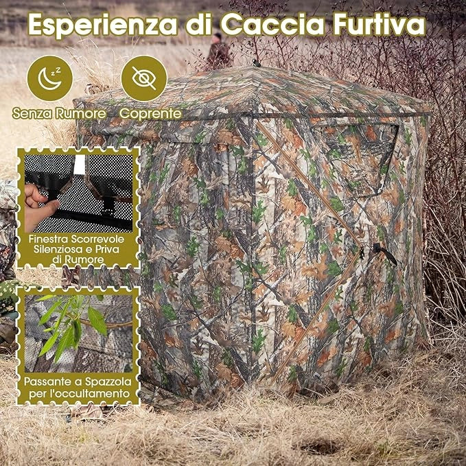 Tenda da Caccia Portatile a 270 Gradi Trasparente, Tenda a Caccia per 2-3 Persone con Finestre Scorrevoli Silenziose, Borsa per Trasporto