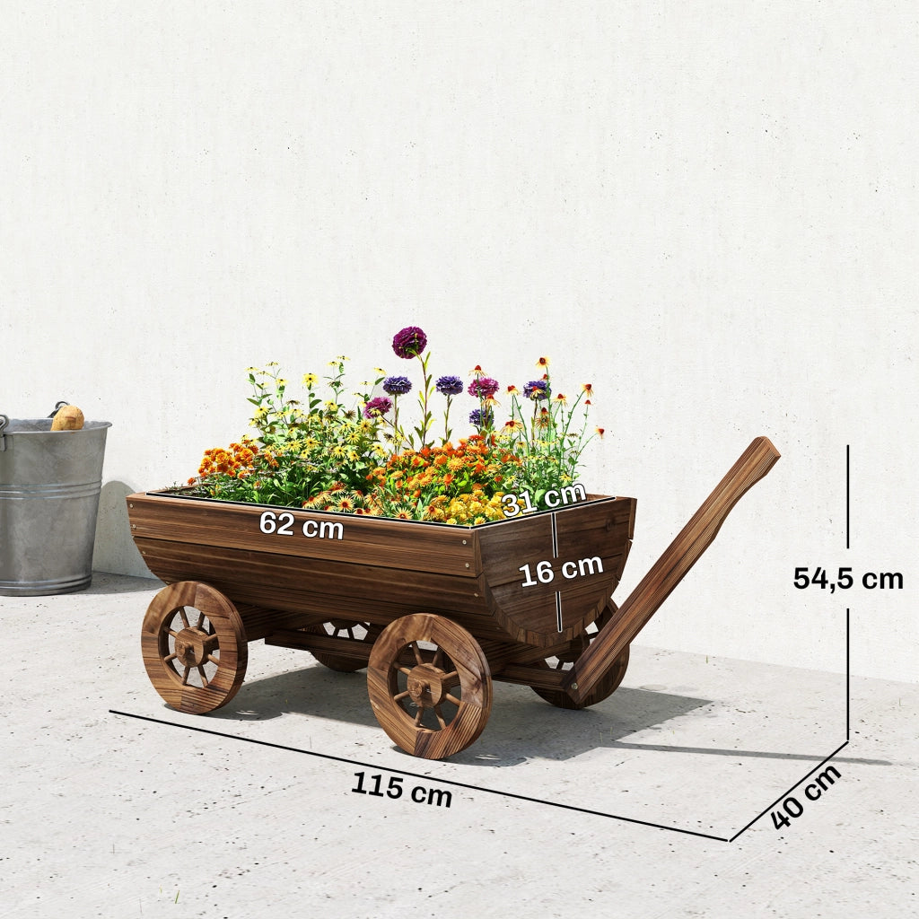 Carrello Giardino Legno con 4 Ruote e Manico ¨C zephmum ¨C 115x40x54,5 cm Carbonizzato