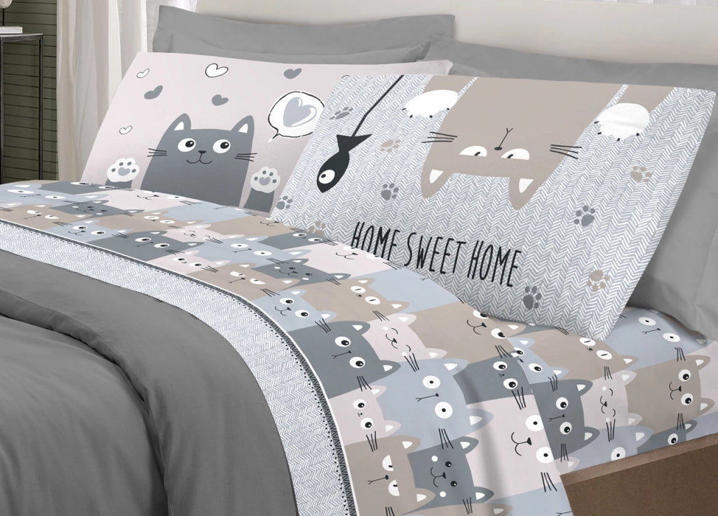 Completo Lenzuola Letto Pensieri Delicati 100% Cotone Disegno Happy Cat - Singolo - Grigio