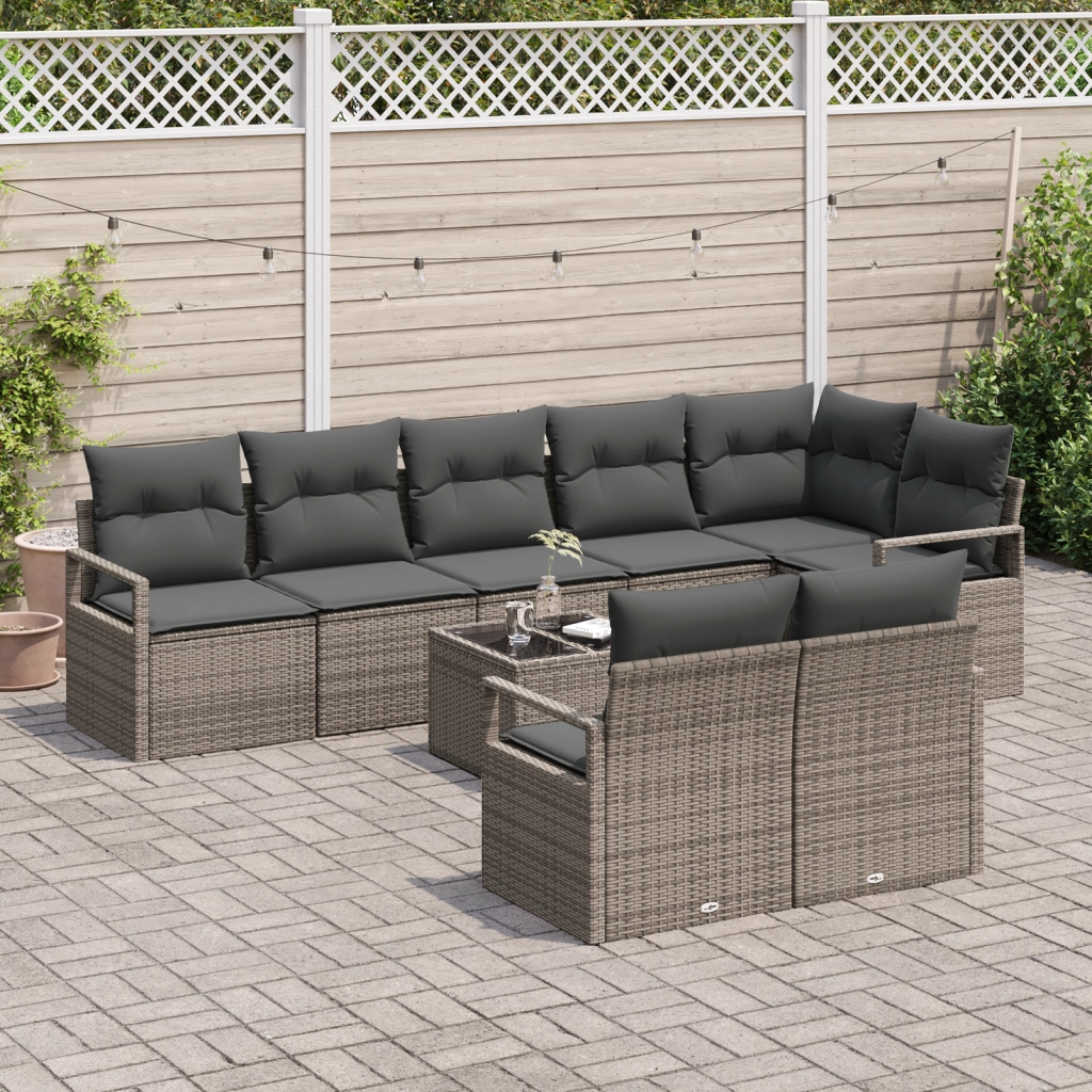 Set di Divani da Giardino in 8 Pezzi con Cuscini Neri in Poly Rattan