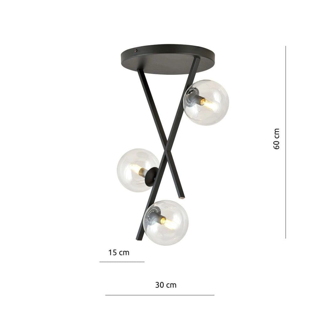 Lampadario River 3 luci vetro trasparente nero Emibig