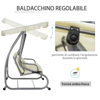 Dondolo Letto da Giardino 3 Posti con Tetto Regolabile e 2 Portabicchieri, 200x120x164 cm, Crema
