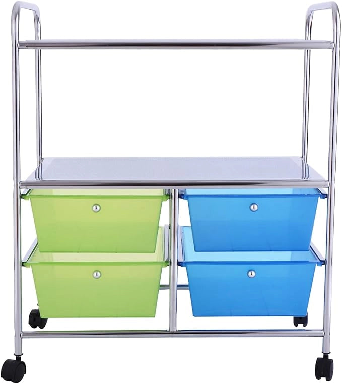 Carrello con 4 Cassetti e 2 Ripiani, Carrello Portaoggetti con Ruote per Cucina Bagno Ufficio, Multiuso, 58,5x37x75 cm (Blu+Verde)