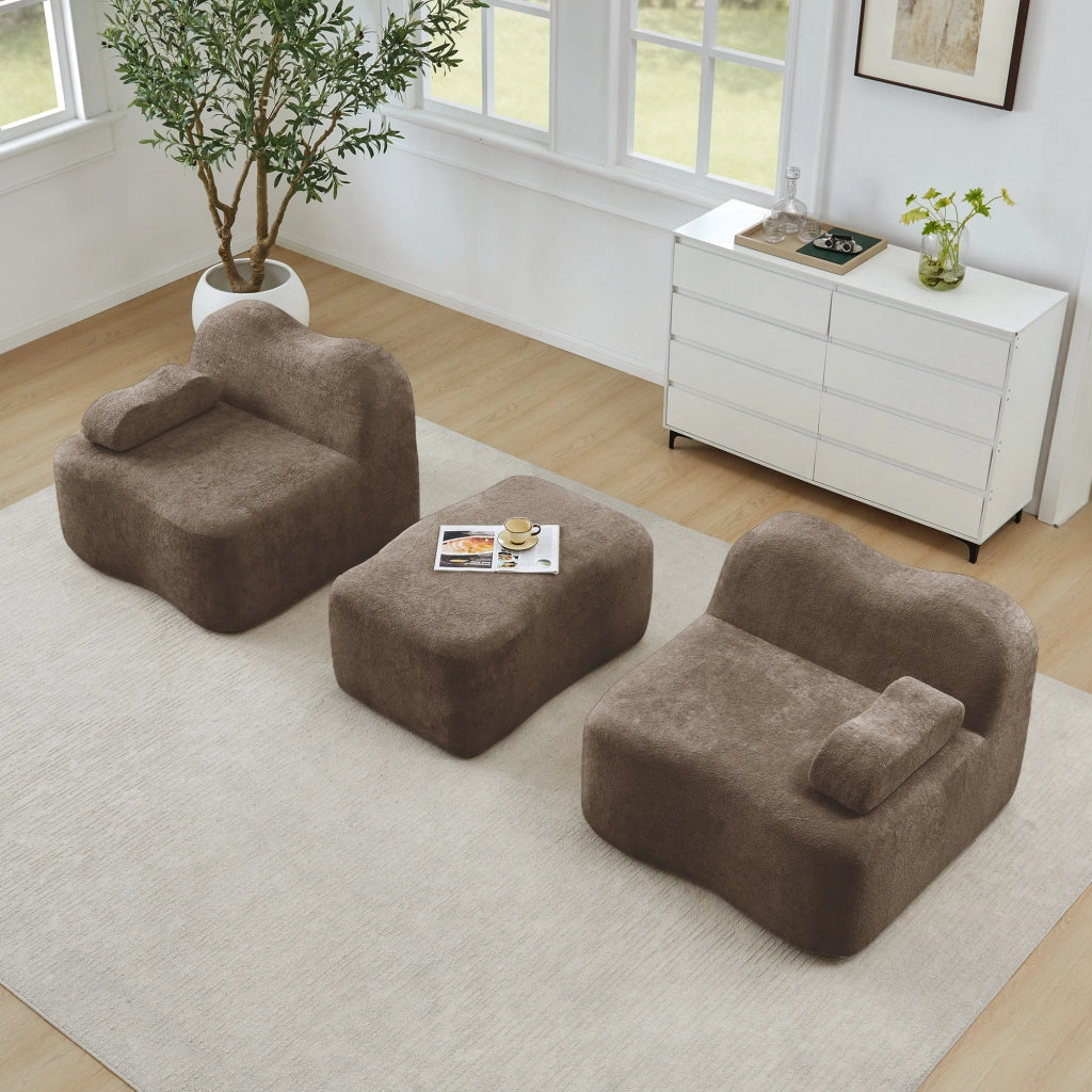 Divano modulare angolare 2 posti con pouf e cuscino bracciolo mobile design ondulato in velluto marrone