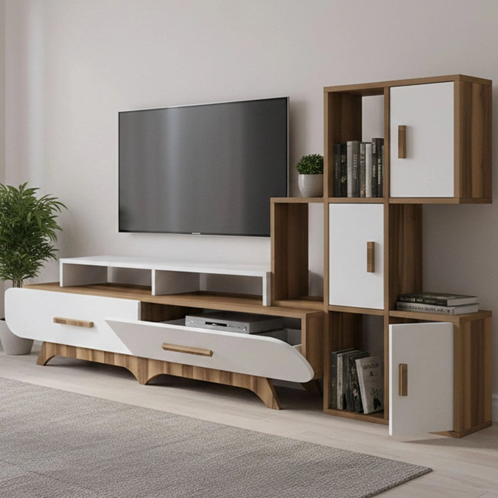Parete attrezzata Lupo, Composizione soggiorno, Mobile salotto multiuso, Armadio porta TV, 205x37h50 cm, Noce e Bianco