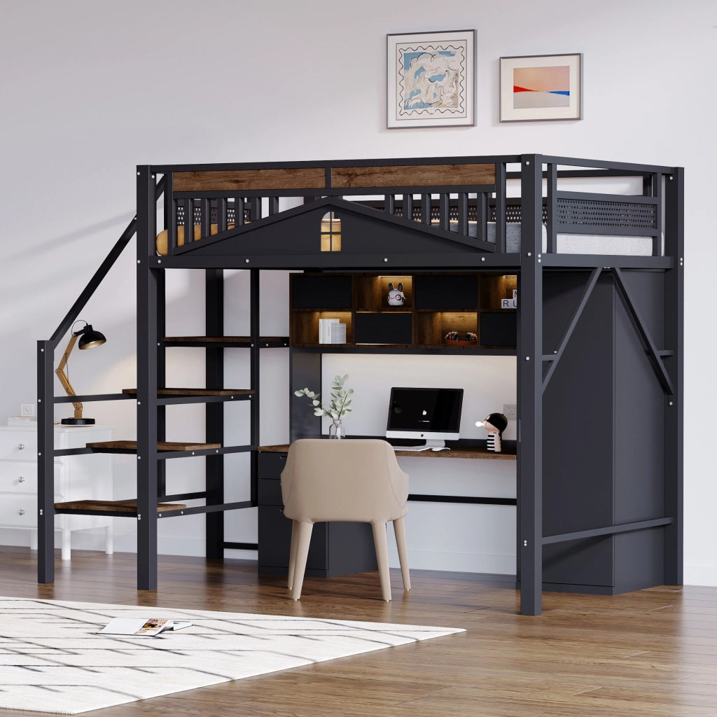 OKWISH Letto a soppalco 140×200 cm, Letto Matrimoniale con Scala di Sicurezza, Spazio Contenitore sotto la Scala e Sponda a Finestra, senza Materasso, Nero
