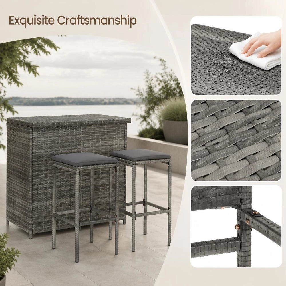 3 Pcs. Bar Set Poly Rattan Gray