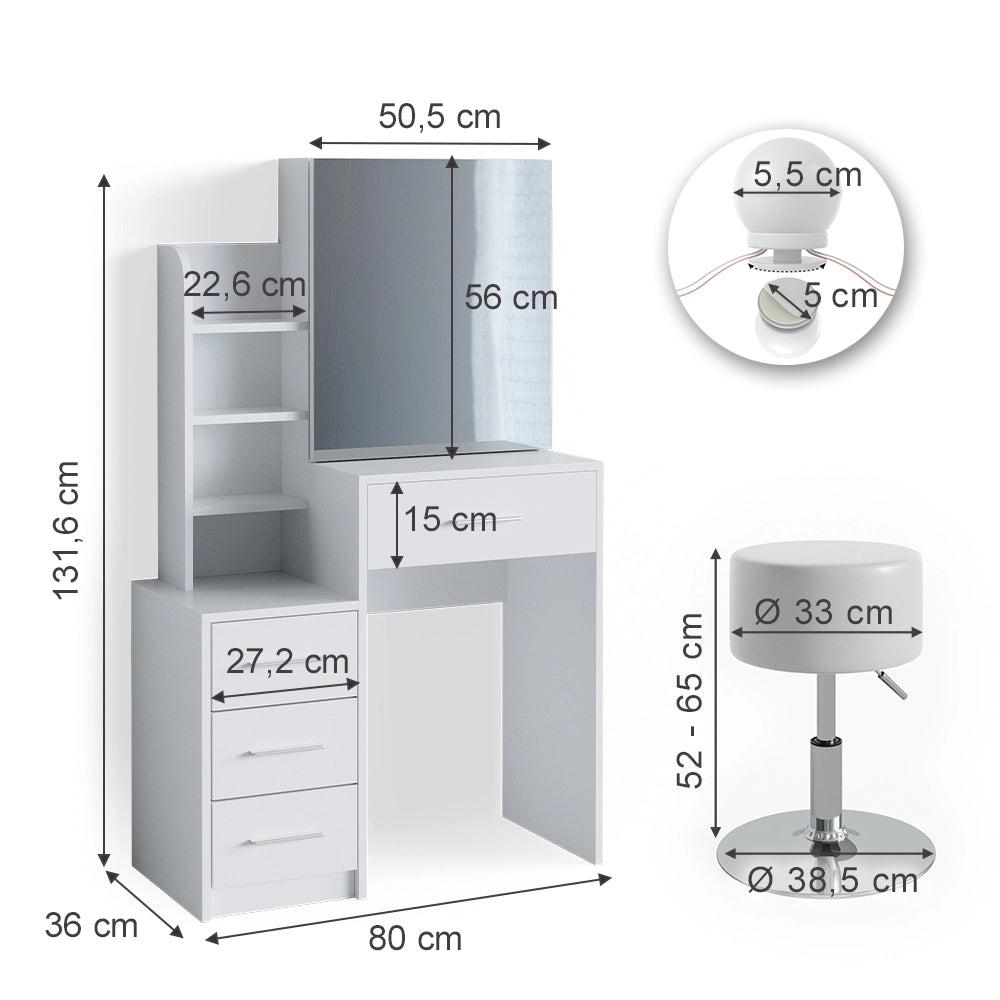 Tavolo da toeletta Conrada Bianco 80 cm con illuminazione LED e sgabello Vicco