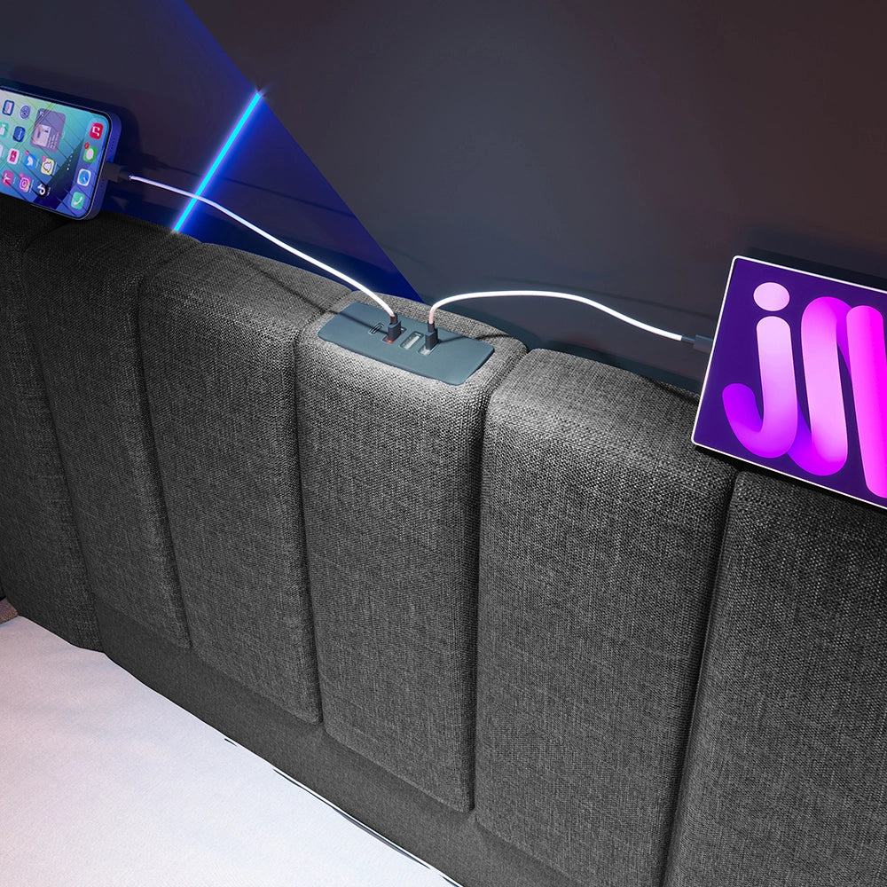 Letto 160??200 cm con materasso - Xylo - Controllo app LED, USB-C, telaio in lino grigio