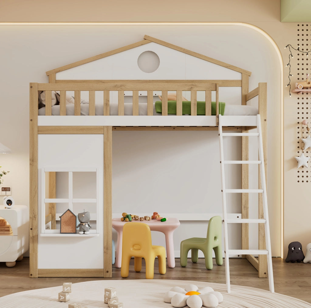 Letto a castello casa 90x200 cm bianco naturale con scala e protezioni