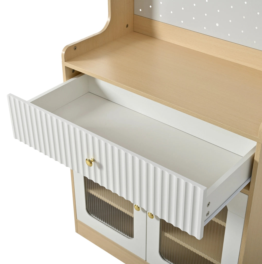 Credenza 80x40x180 cm con ripiani regolabili; cassetto; illuminazione LED; MDF e pannello truciolare; naturale e bianco