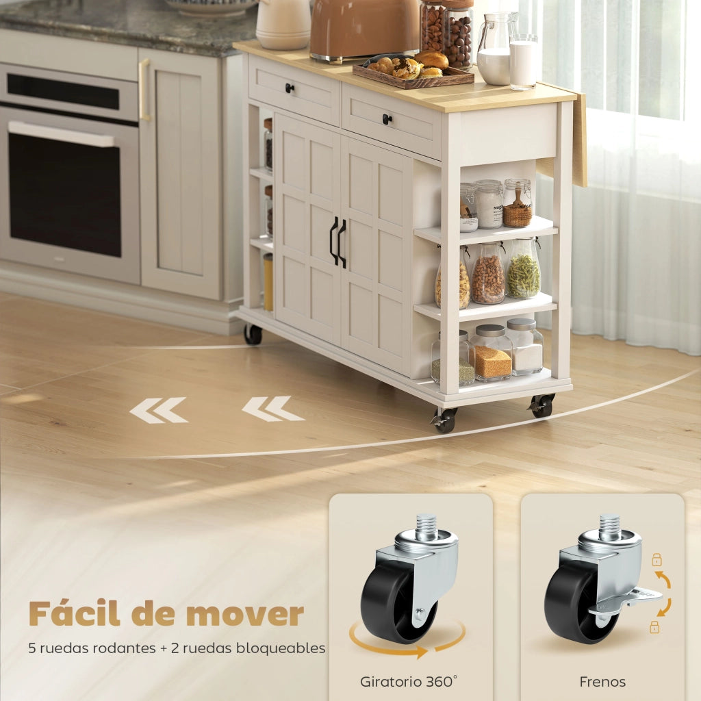 Carrello da Cucina con Ruote ¨C Xylo ¨C Piano Pieghevole 2 Ante 2 Cassetti 6 Ripiani Bianco