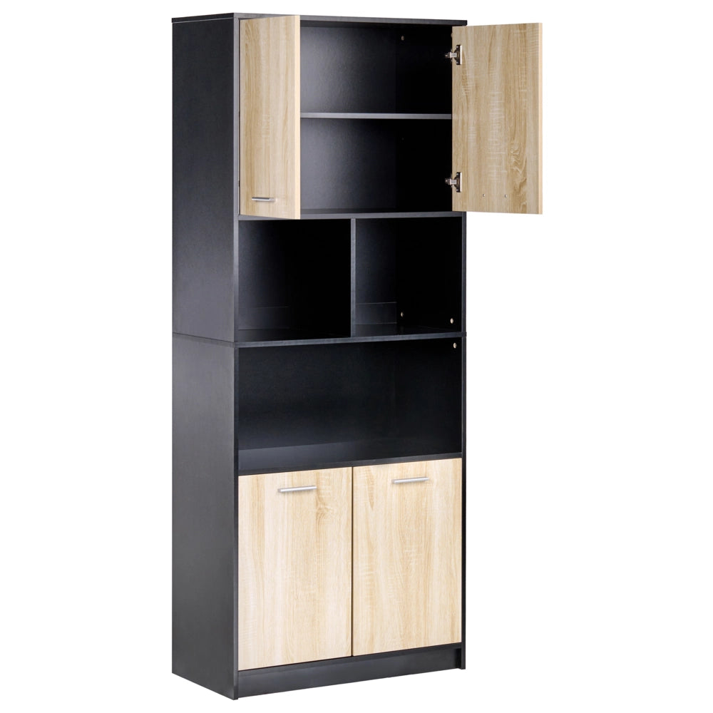 Libreria a 4 ante Marrone e nero Pannelli di particelle di legno Mobili da ufficio minimalisti Ripiani aperti e chiusi