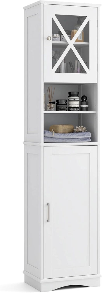 Armadietto da Bagno Slim con 2 Ante, Ripiano Regolabile e 2 Scomparti Aperti, Mobile Alto per Bagno e Soggiorno, Moderno，2 Colori